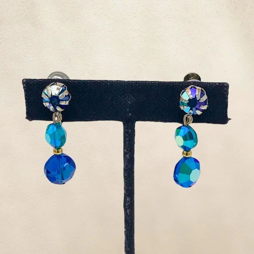 Vintage Earrings Blue Aurora Borealis Crystals Screw Back Dangle Earrings - Picture 6 of 6